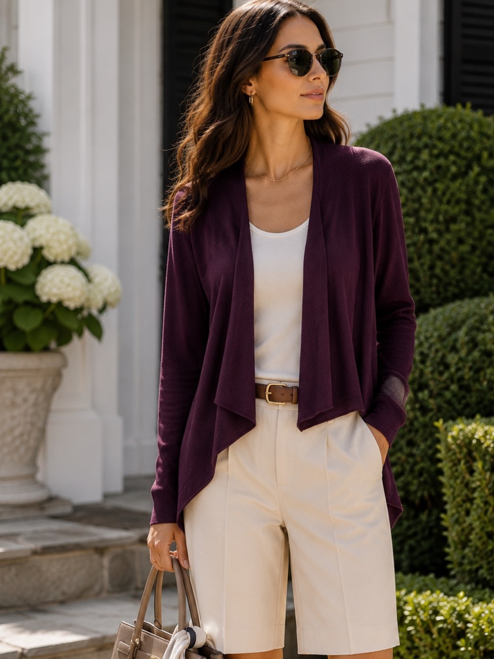 CYNTHIA ROWLEY 100% Merino Wool Burgundy Open Waterfall Cardigan Sweater, M